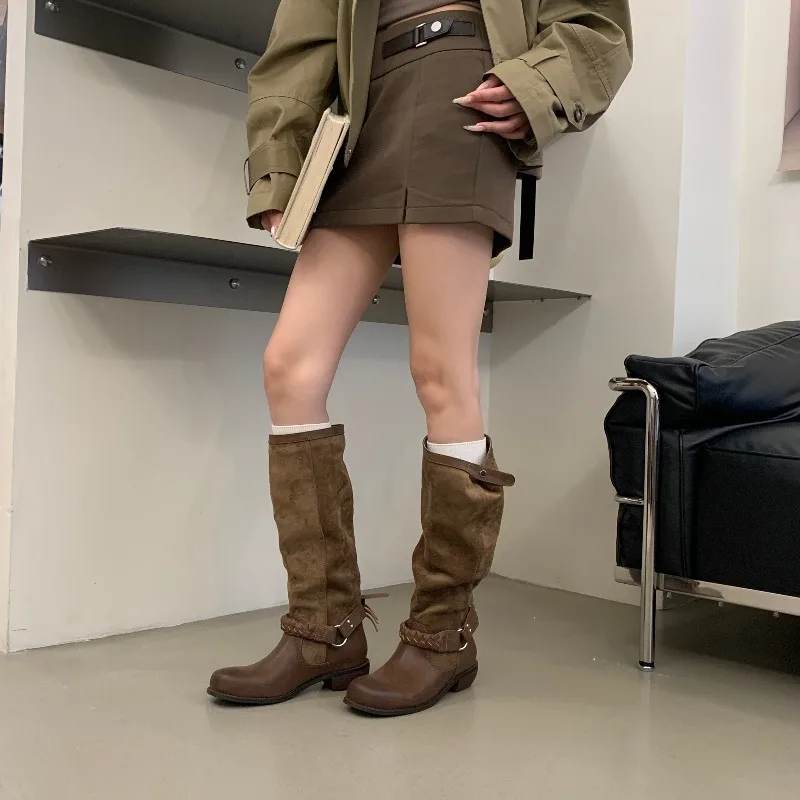 Eilyken Fashion Design Weave Belt Buckle Women Knee-High Boots Autumn Winter Retro Round Toe Square Low Heels Shoes