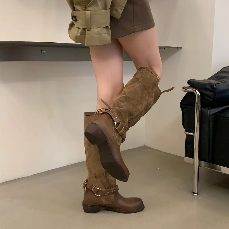 Eilyken Fashion Design Weave Belt Buckle Women Knee-High Boots Autumn Winter Retro Round Toe Square Low Heels Shoes