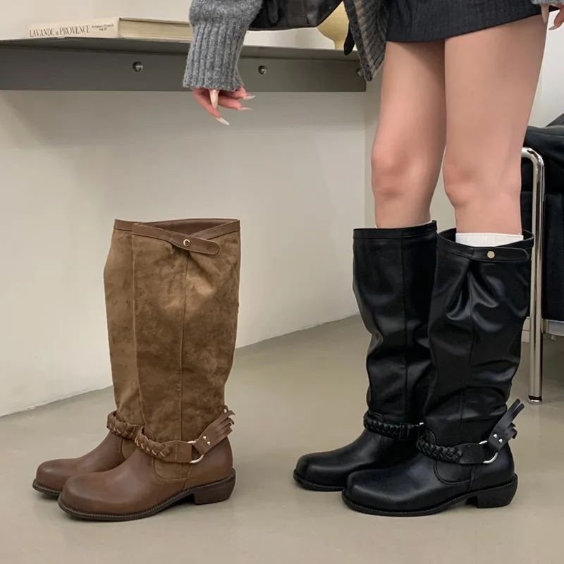 Eilyken Fashion Design Weave Belt Buckle Women Knee-High Boots Autumn Winter Retro Round Toe Square Low Heels Shoes