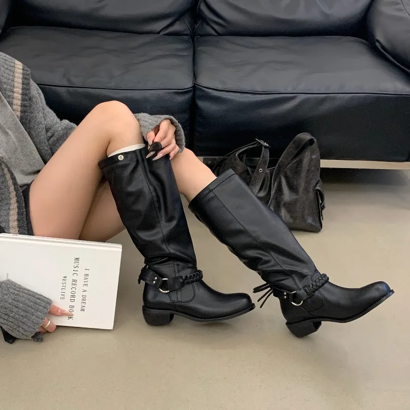 Eilyken Fashion Design Weave Belt Buckle Women Knee-High Boots Autumn Winter Retro Round Toe Square Low Heels Shoes