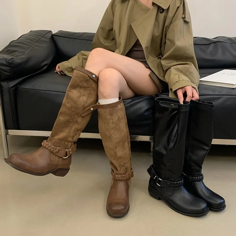 Eilyken Fashion Design Weave Belt Buckle Women Knee-High Boots Autumn Winter Retro Round Toe Square Low Heels Shoes