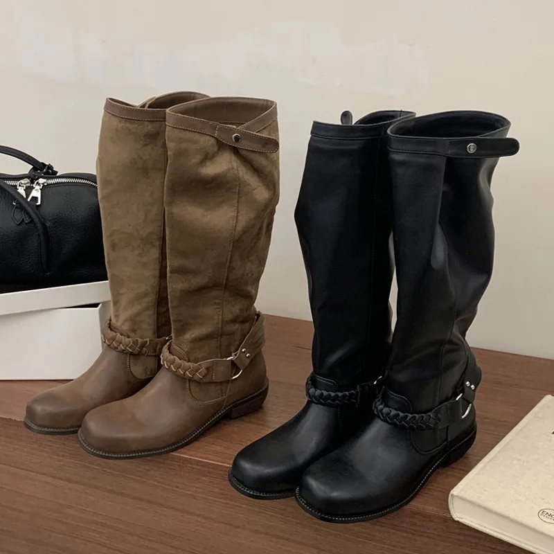 Eilyken Fashion Design Weave Belt Buckle Women Knee-High Boots Autumn Winter Retro Round Toe Square Low Heels Shoes