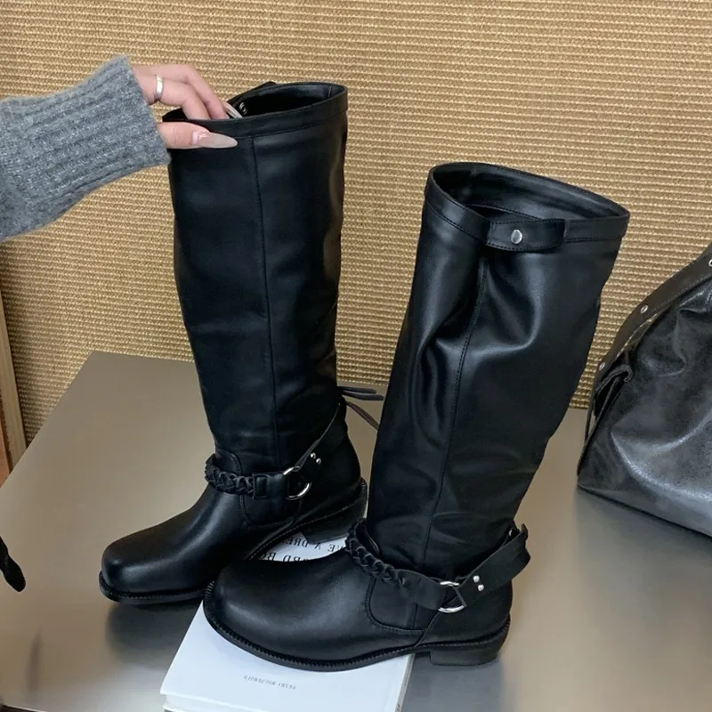 Eilyken Fashion Design Weave Belt Buckle Women Knee-High Boots Autumn Winter Retro Round Toe Square Low Heels Shoes