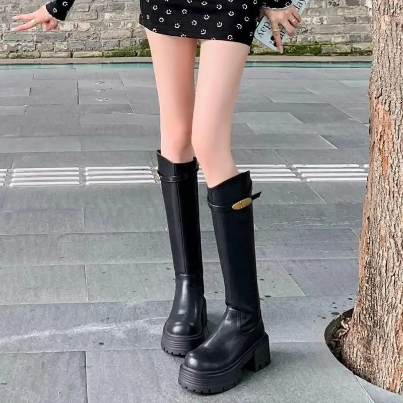 Women Knee High Boots Buckle Strap Chunky Platform Long Boots Autumn Winter Round Toe Side Zip Riding Knight Boots Shoes