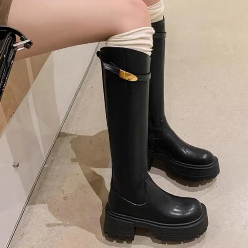 Women Knee High Boots Buckle Strap Chunky Platform Long Boots Autumn Winter Round Toe Side Zip Riding Knight Boots Shoes