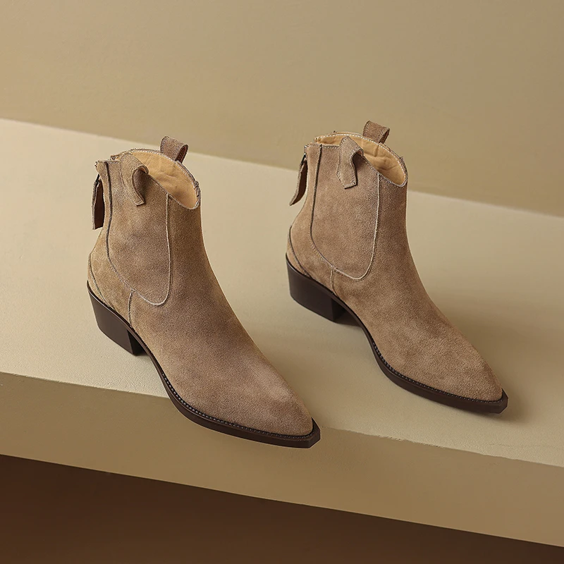 New Trend 2026 Spring Autumn Cow Suede Women Western Boots Black Brown Khaki Chocolate Green Burgundy Pointed Toe Ankle Boots