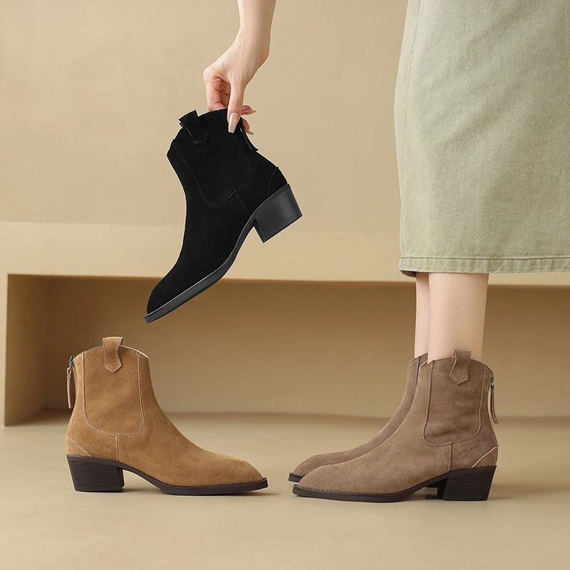 New Trend 2026 Spring Autumn Cow Suede Women Western Boots Black Brown Khaki Chocolate Green Burgundy Pointed Toe Ankle Boots