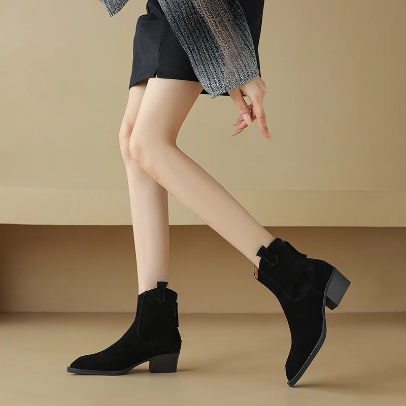 New Trend 2026 Spring Autumn Cow Suede Women Western Boots Black Brown Khaki Chocolate Green Burgundy Pointed Toe Ankle Boots