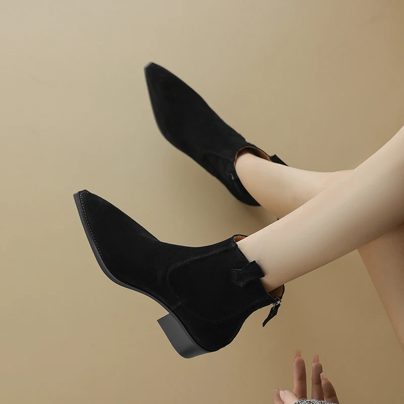 New Trend 2026 Spring Autumn Cow Suede Women Western Boots Black Brown Khaki Chocolate Green Burgundy Pointed Toe Ankle Boots