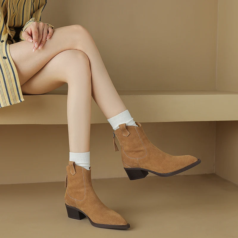 New Trend 2026 Spring Autumn Cow Suede Women Western Boots Black Brown Khaki Chocolate Green Burgundy Pointed Toe Ankle Boots