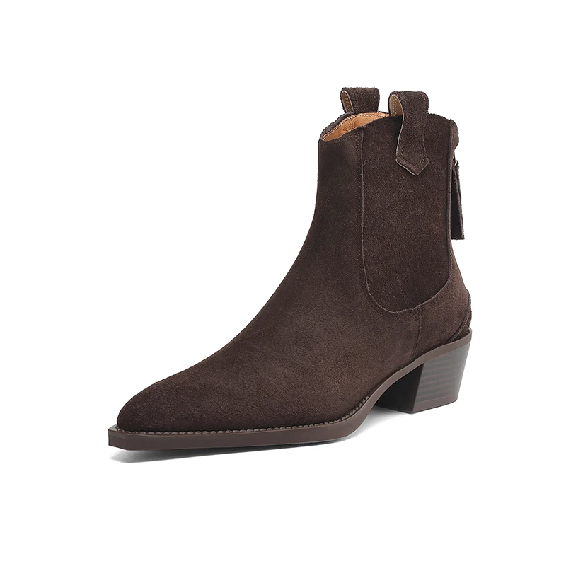 New Trend 2026 Spring Autumn Cow Suede Women Western Boots Black Brown Khaki Chocolate Green Burgundy Pointed Toe Ankle Boots