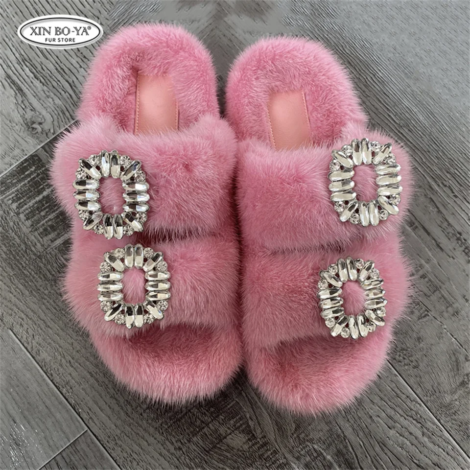 Mink Slippers Women's Summer Sandals 2026 Woman Slippers Sandals Fashion Shoes for Woman Comfort Women's Mules Fuzzy Fur Slides