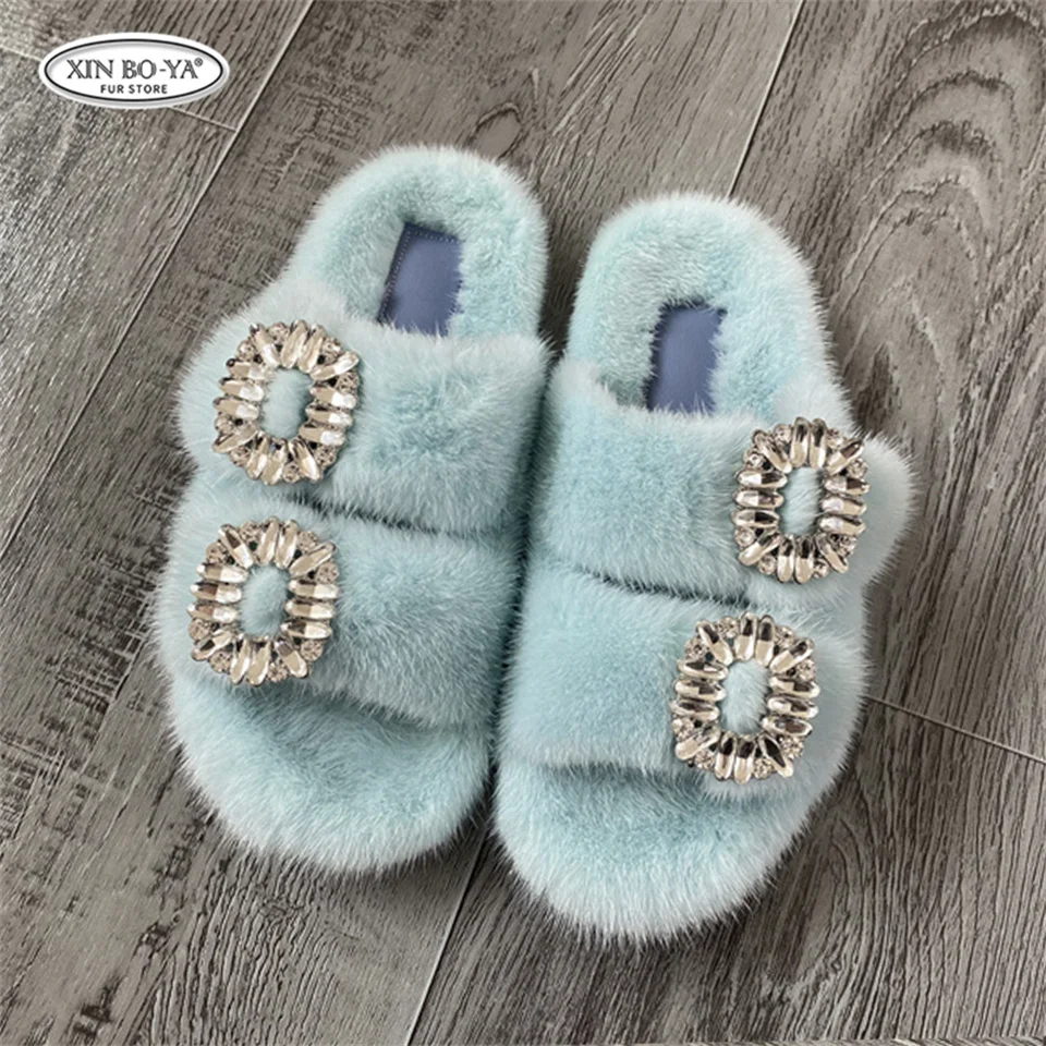 Mink Slippers Women's Summer Sandals 2026 Woman Slippers Sandals Fashion Shoes for Woman Comfort Women's Mules Fuzzy Fur Slides