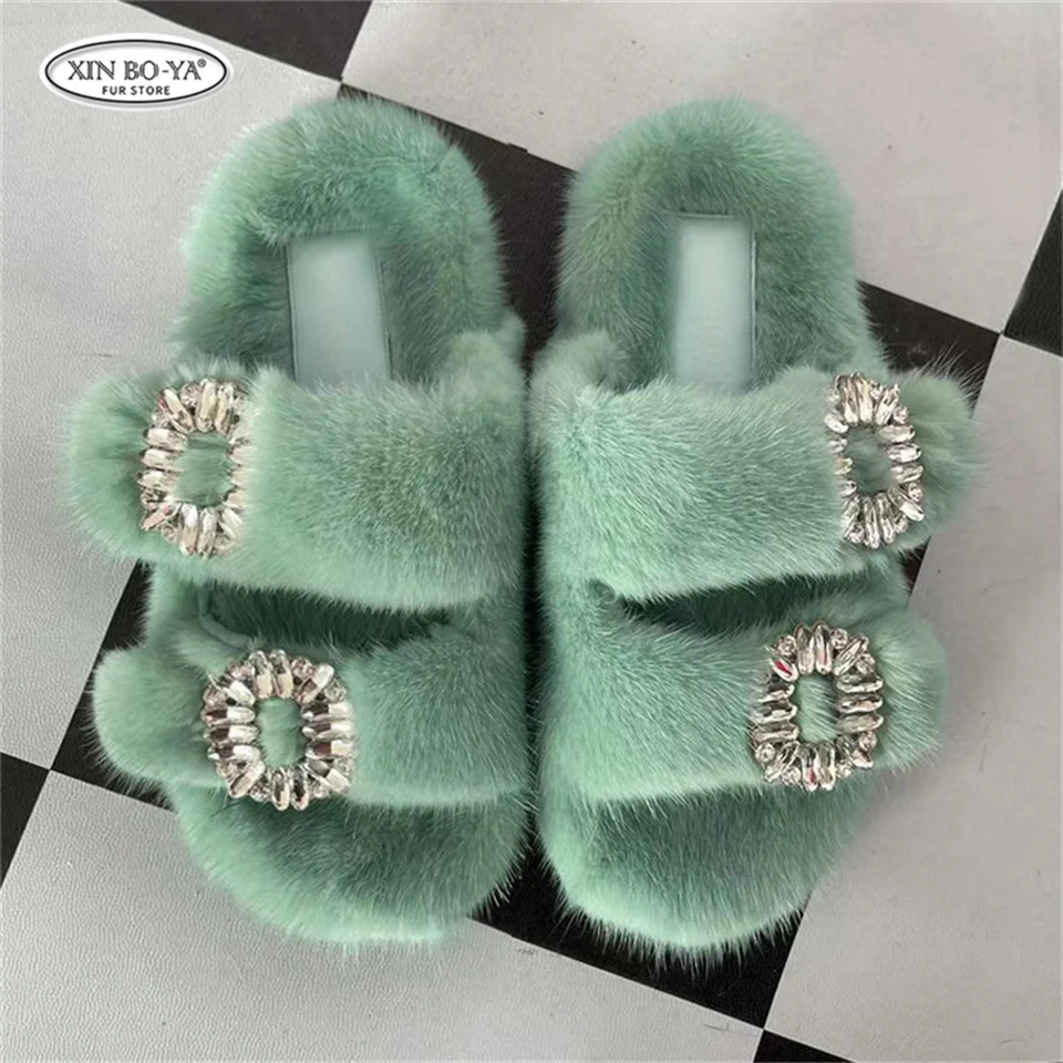 Mink Slippers Women's Summer Sandals 2026 Woman Slippers Sandals Fashion Shoes for Woman Comfort Women's Mules Fuzzy Fur Slides