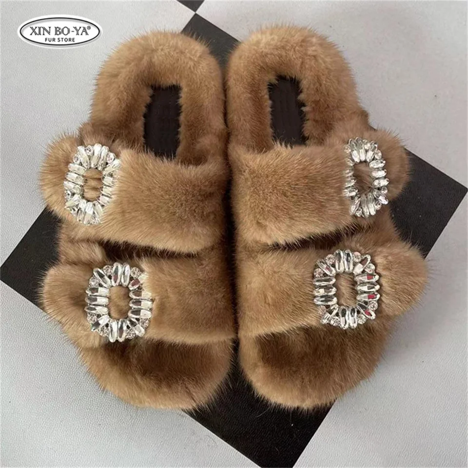 Mink Slippers Women's Summer Sandals 2026 Woman Slippers Sandals Fashion Shoes for Woman Comfort Women's Mules Fuzzy Fur Slides