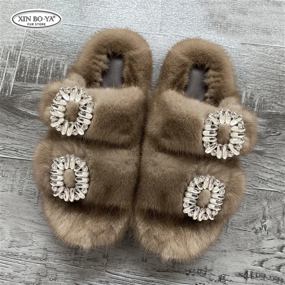 Mink Slippers Women's Summer Sandals 2026 Woman Slippers Sandals Fashion Shoes for Woman Comfort Women's Mules Fuzzy Fur Slides