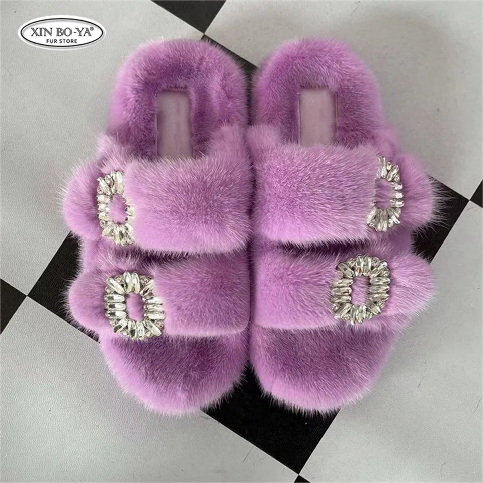 Mink Slippers Women's Summer Sandals 2026 Woman Slippers Sandals Fashion Shoes for Woman Comfort Women's Mules Fuzzy Fur Slides