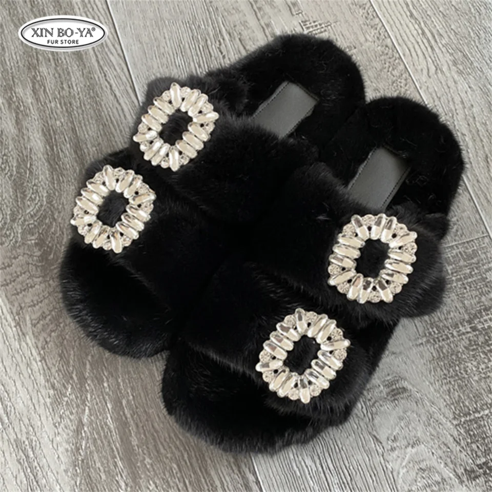 Mink Slippers Women's Summer Sandals 2026 Woman Slippers Sandals Fashion Shoes for Woman Comfort Women's Mules Fuzzy Fur Slides