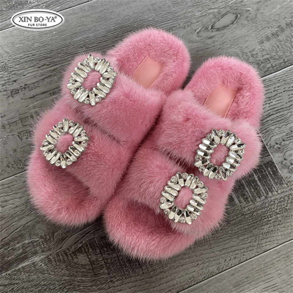 Mink Slippers Women's Summer Sandals 2026 Woman Slippers Sandals Fashion Shoes for Woman Comfort Women's Mules Fuzzy Fur Slides