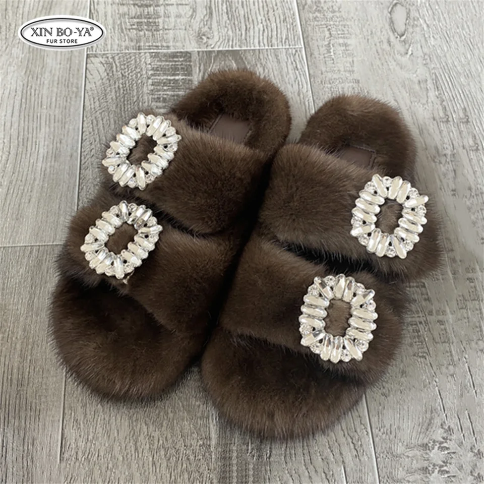 Mink Slippers Women's Summer Sandals 2026 Woman Slippers Sandals Fashion Shoes for Woman Comfort Women's Mules Fuzzy Fur Slides