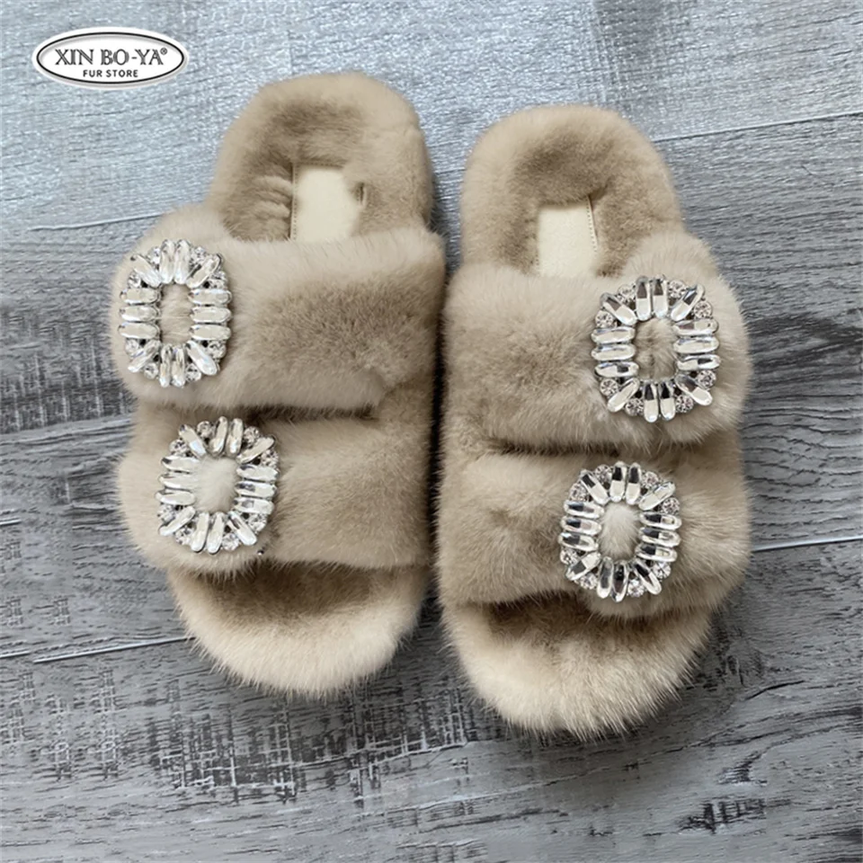 Mink Slippers Women's Summer Sandals 2026 Woman Slippers Sandals Fashion Shoes for Woman Comfort Women's Mules Fuzzy Fur Slides