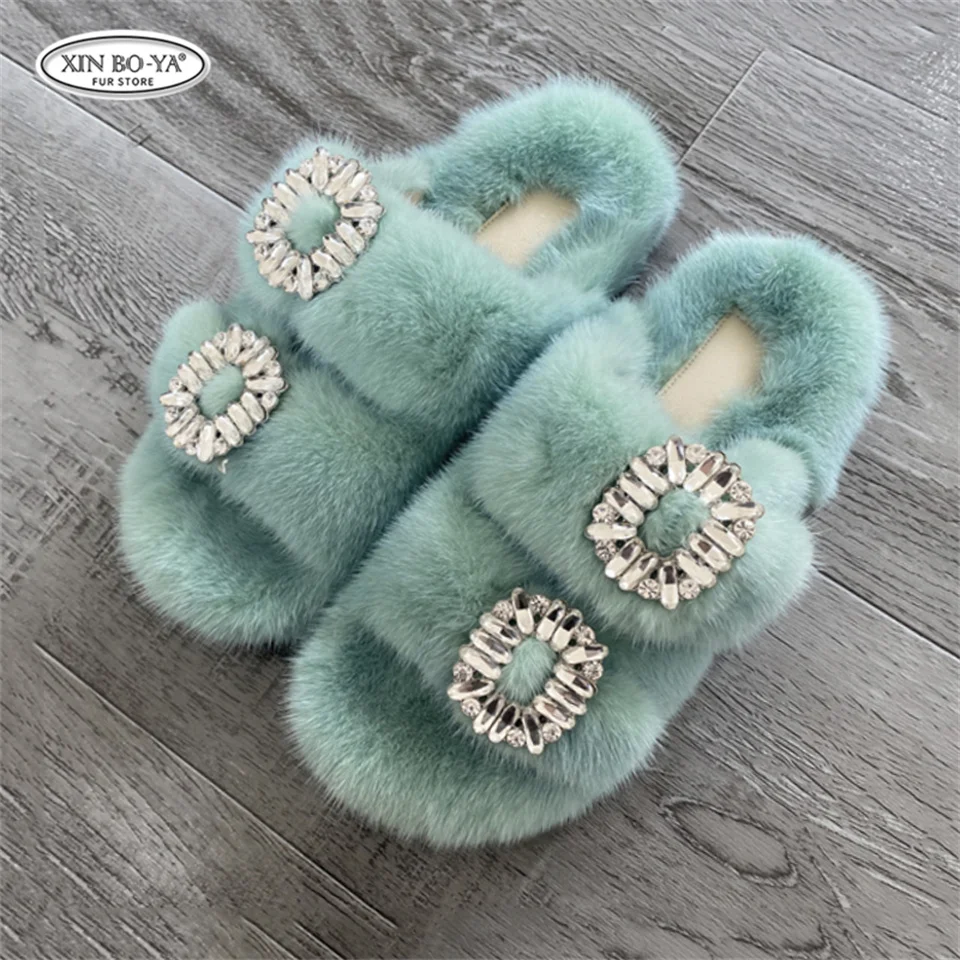 Mink Slippers Women's Summer Sandals 2026 Woman Slippers Sandals Fashion Shoes for Woman Comfort Women's Mules Fuzzy Fur Slides