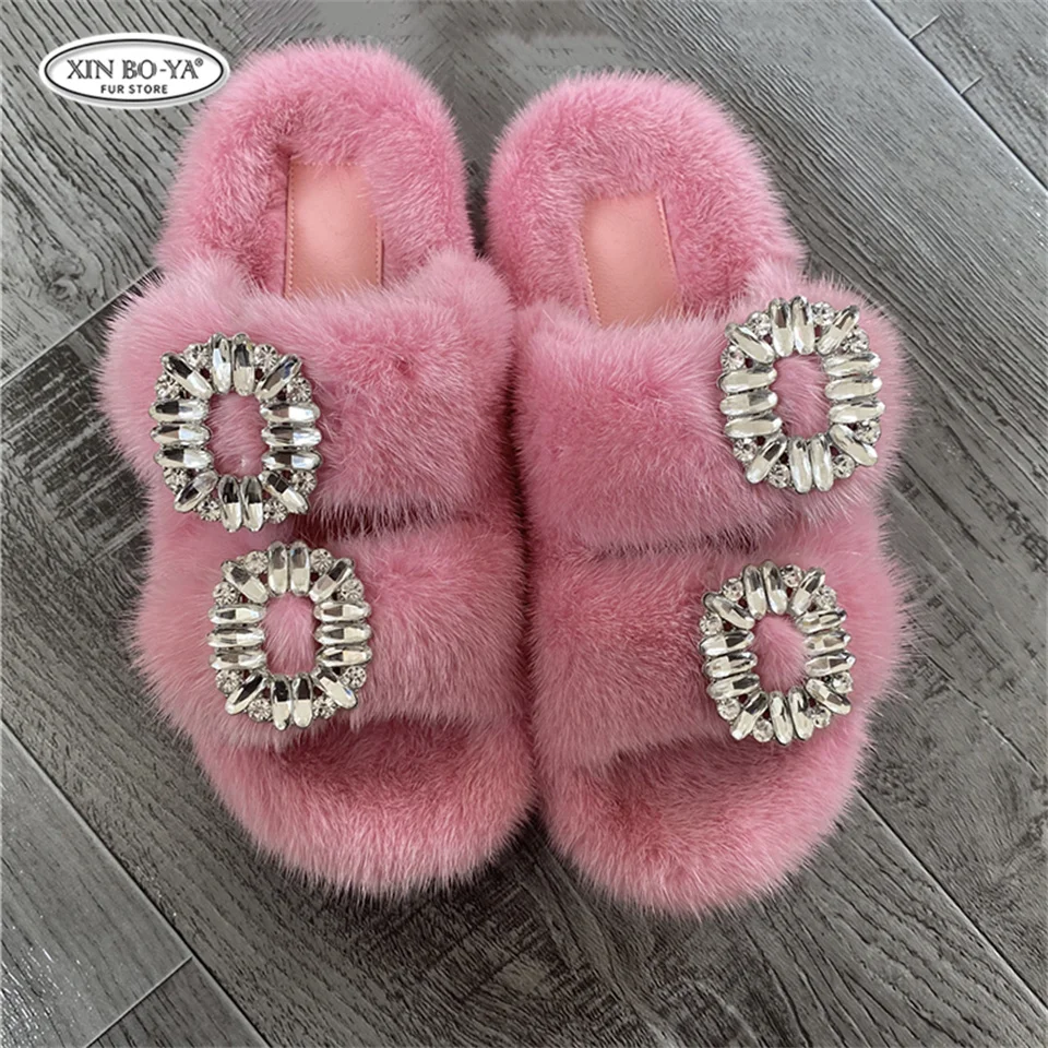 Mink Slippers Women's Summer Sandals 2026 Woman Slippers Sandals Fashion Shoes for Woman Comfort Women's Mules Fuzzy Fur Slides
