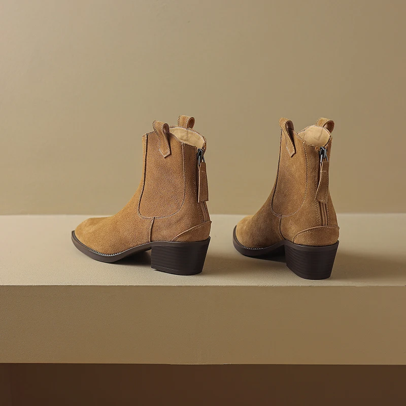 SmallHut New Trend Autumn Cow Suede Women Western Boots Gray Black Brown Khaki Chocolate Green Burgundy Pointed Toe Ankle Boots
