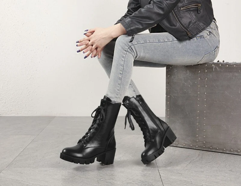 SIMLOVEYO Rubber Lace Up Black Autumn Chunky Boots big size 46 Ankle Boots Women Platform Shoes Ladies shoes women shoes Hot