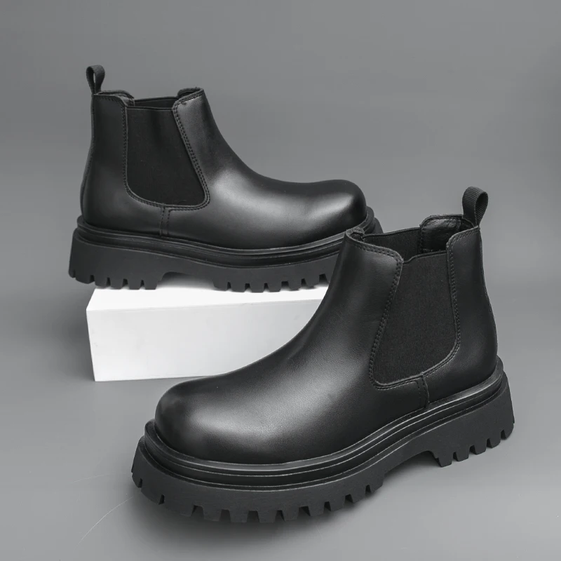 Brand Black Business High Top Leather Boots Classic British Style Men's Thick Soled Casual Boots Outdoor Comfort Walking Boots