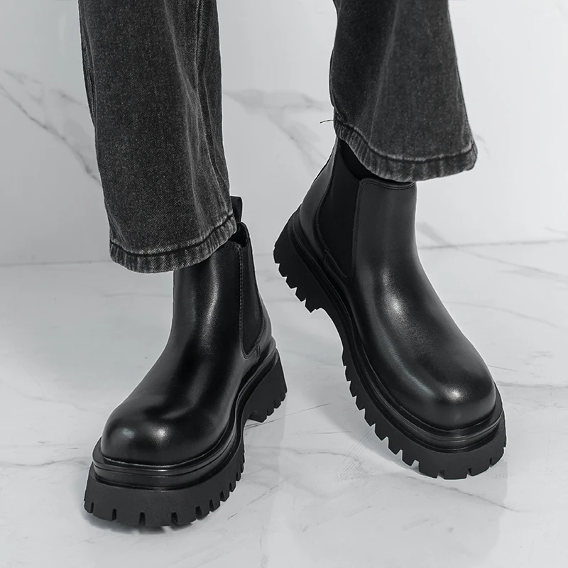 Brand Black Business High Top Leather Boots Classic British Style Men's Thick Soled Casual Boots Outdoor Comfort Walking Boots