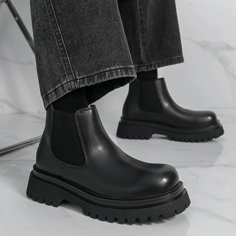 Brand Black Business High Top Leather Boots Classic British Style Men's Thick Soled Casual Boots Outdoor Comfort Walking Boots