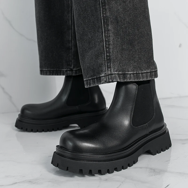 Brand Black Business High Top Leather Boots Classic British Style Men's Thick Soled Casual Boots Outdoor Comfort Walking Boots