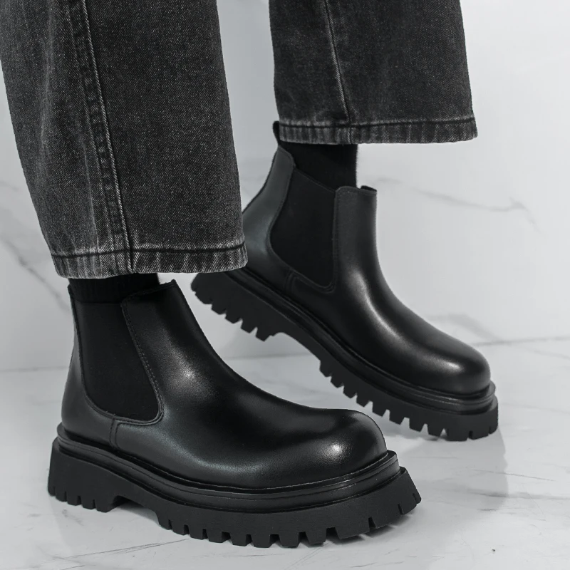 Brand Black Business High Top Leather Boots Classic British Style Men's Thick Soled Casual Boots Outdoor Comfort Walking Boots