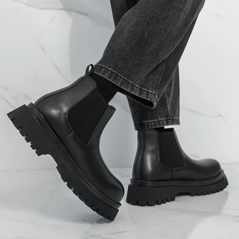 Brand Black Business High Top Leather Boots Classic British Style Men's Thick Soled Casual Boots Outdoor Comfort Walking Boots
