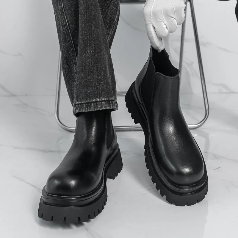 Brand Black Business High Top Leather Boots Classic British Style Men's Thick Soled Casual Boots Outdoor Comfort Walking Boots