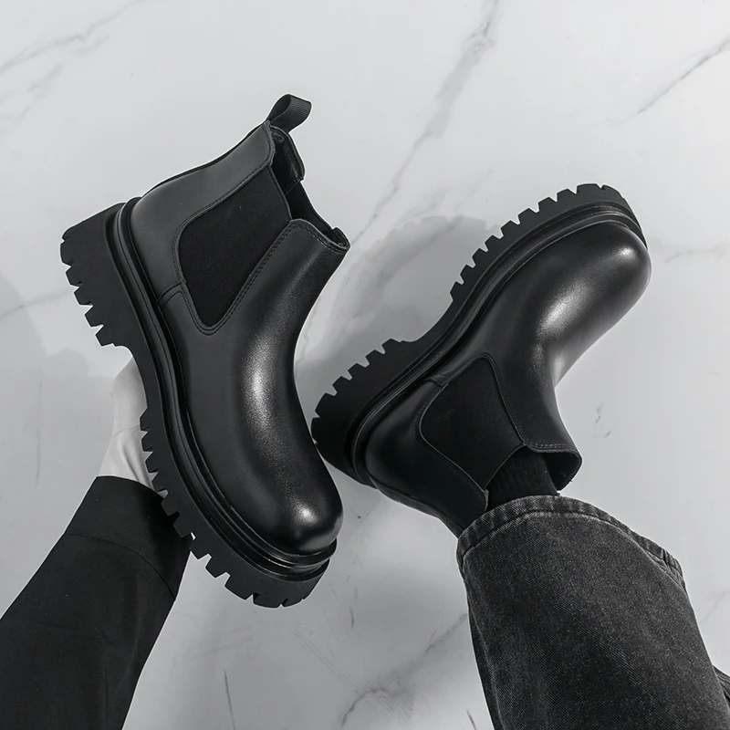 Brand Black Business High Top Leather Boots Classic British Style Men's Thick Soled Casual Boots Outdoor Comfort Walking Boots