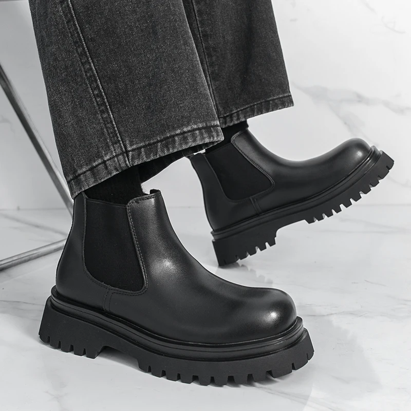 Brand Black Business High Top Leather Boots Classic British Style Men's Thick Soled Casual Boots Outdoor Comfort Walking Boots