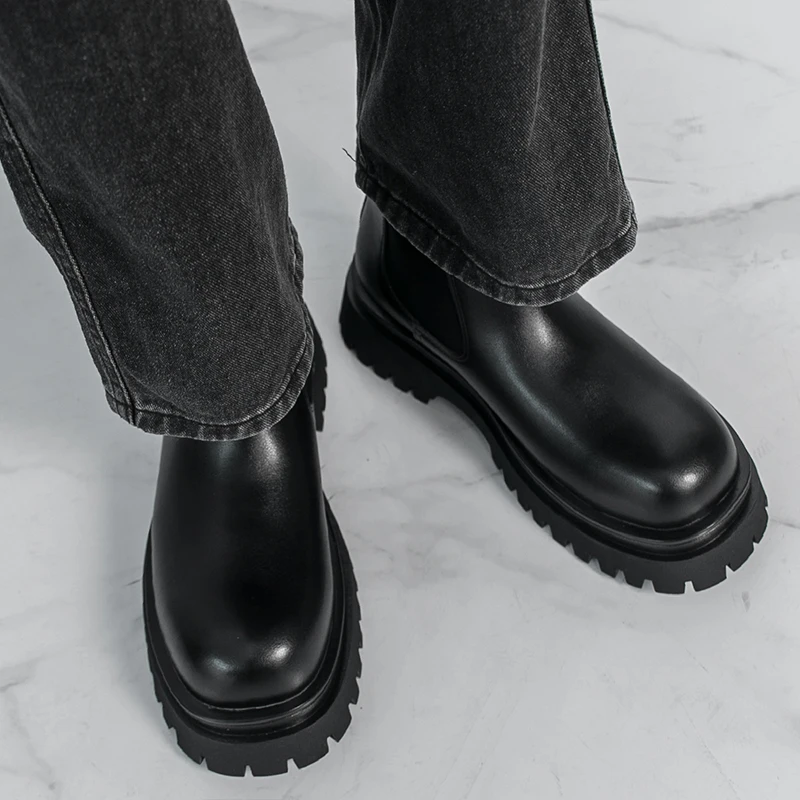 Brand Black Business High Top Leather Boots Classic British Style Men's Thick Soled Casual Boots Outdoor Comfort Walking Boots