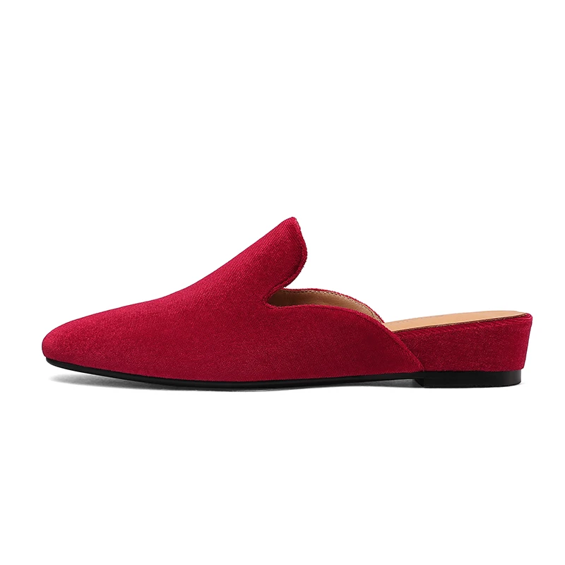SmallHut New 2026 Trend Summer Flock Women Mules Sexy Ladies Black Red Wedges Heels Square Closed Toe Party Shoes Plus Size 43