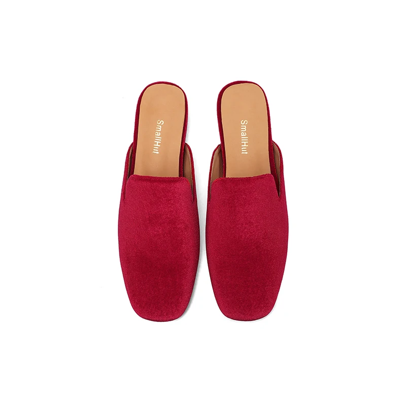 SmallHut New 2026 Trend Summer Flock Women Mules Sexy Ladies Black Red Wedges Heels Square Closed Toe Party Shoes Plus Size 43