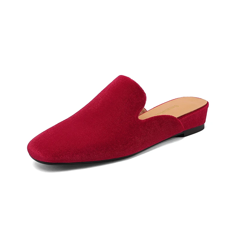 SmallHut New 2026 Trend Summer Flock Women Mules Sexy Ladies Black Red Wedges Heels Square Closed Toe Party Shoes Plus Size 43