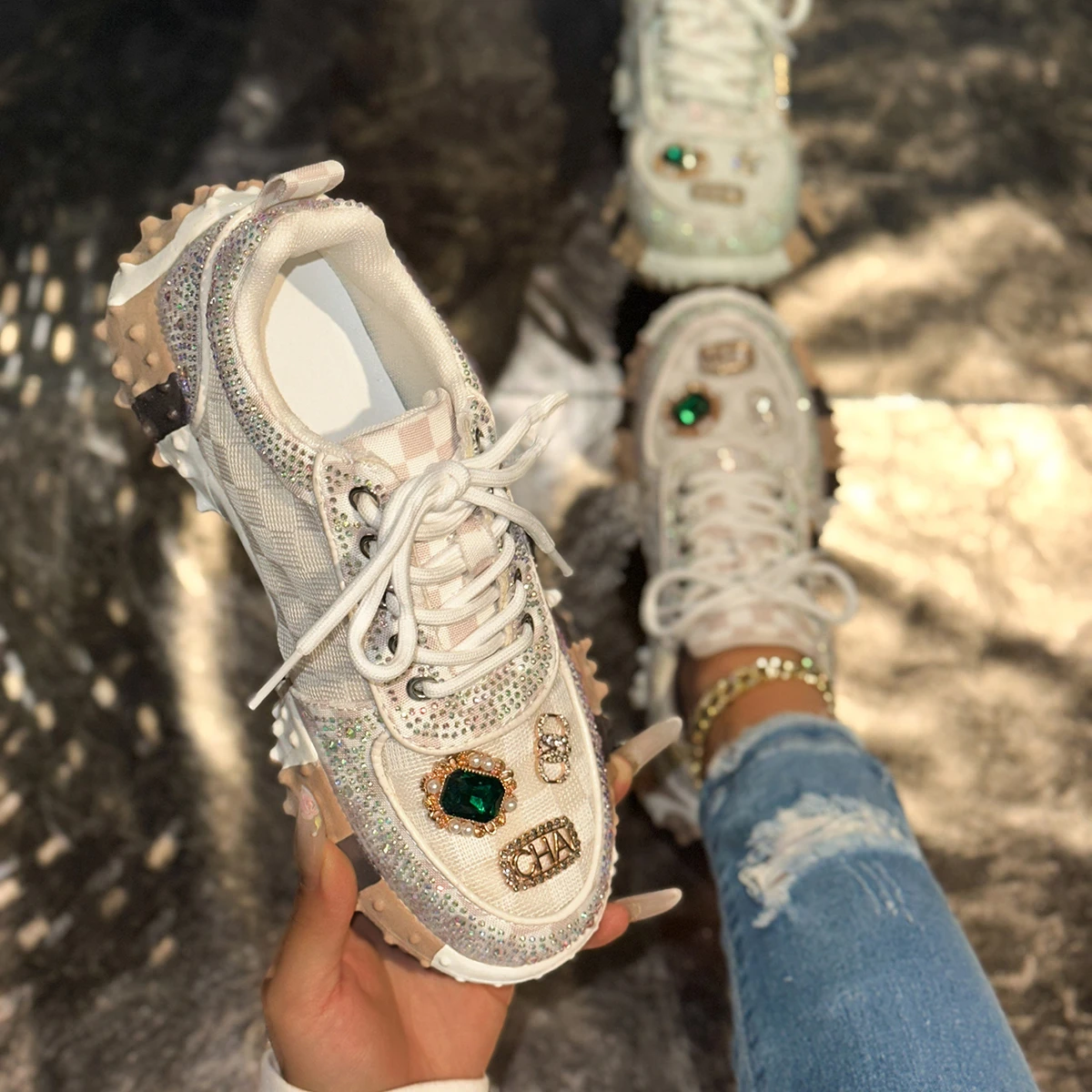 Women's Non-slip Platform Shoes Trendy Diamond Luxury Sports Tennis Shoes Women Casual Elegant Fashion Rhinestone Designer Shoes