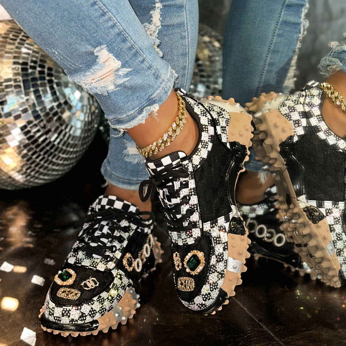 Women's Non-slip Platform Shoes Trendy Diamond Luxury Sports Tennis Shoes Women Casual Elegant Fashion Rhinestone Designer Shoes