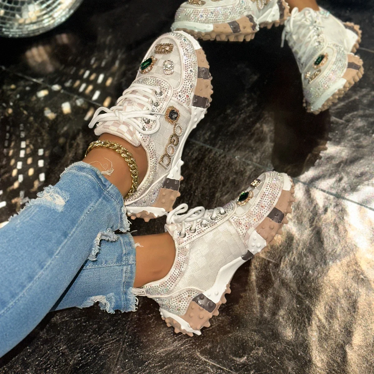 Women's Non-slip Platform Shoes Trendy Diamond Luxury Sports Tennis Shoes Women Casual Elegant Fashion Rhinestone Designer Shoes