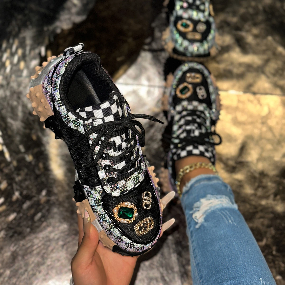 Women's Non-slip Platform Shoes Trendy Diamond Luxury Sports Tennis Shoes Women Casual Elegant Fashion Rhinestone Designer Shoes