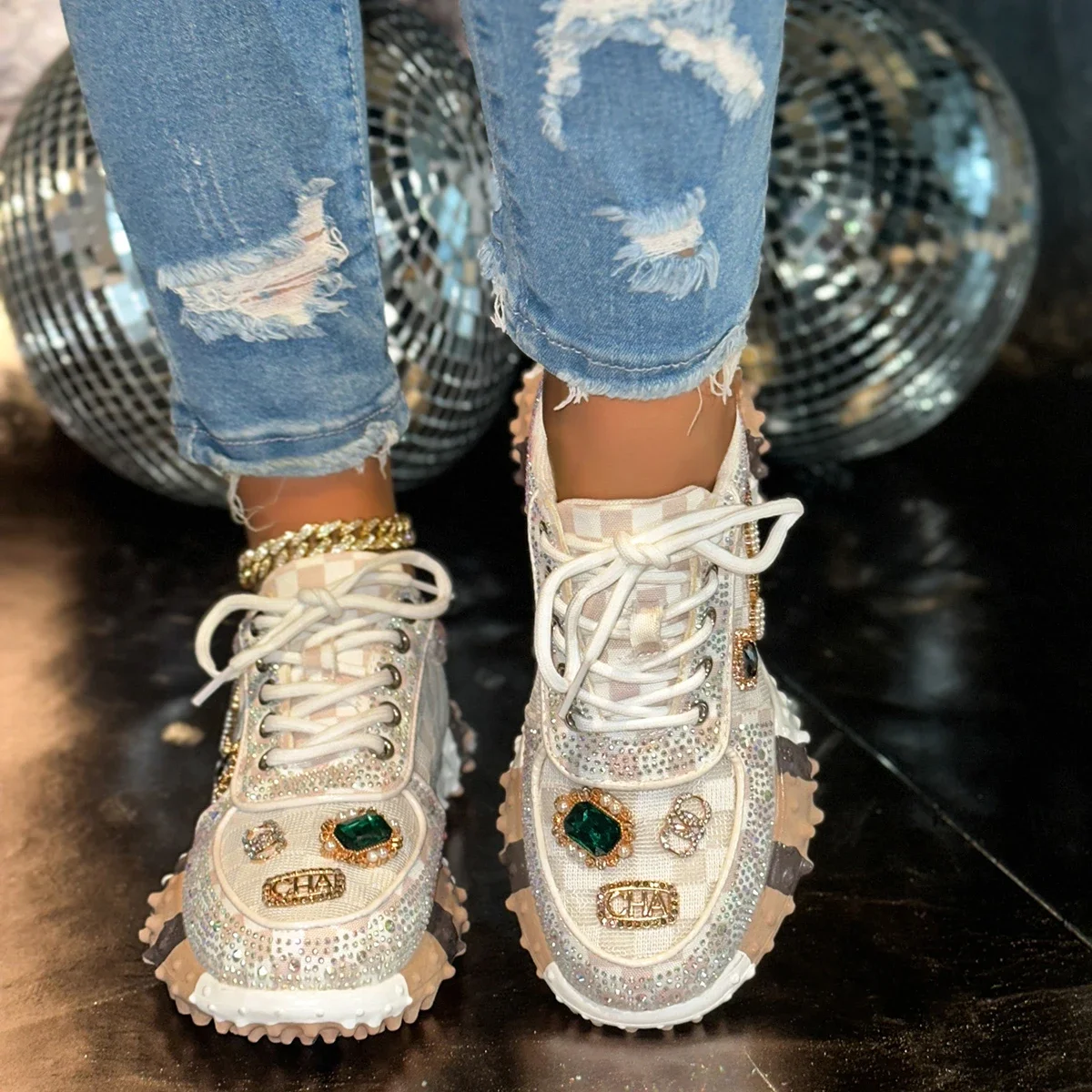 Women's Non-slip Platform Shoes Trendy Diamond Luxury Sports Tennis Shoes Women Casual Elegant Fashion Rhinestone Designer Shoes