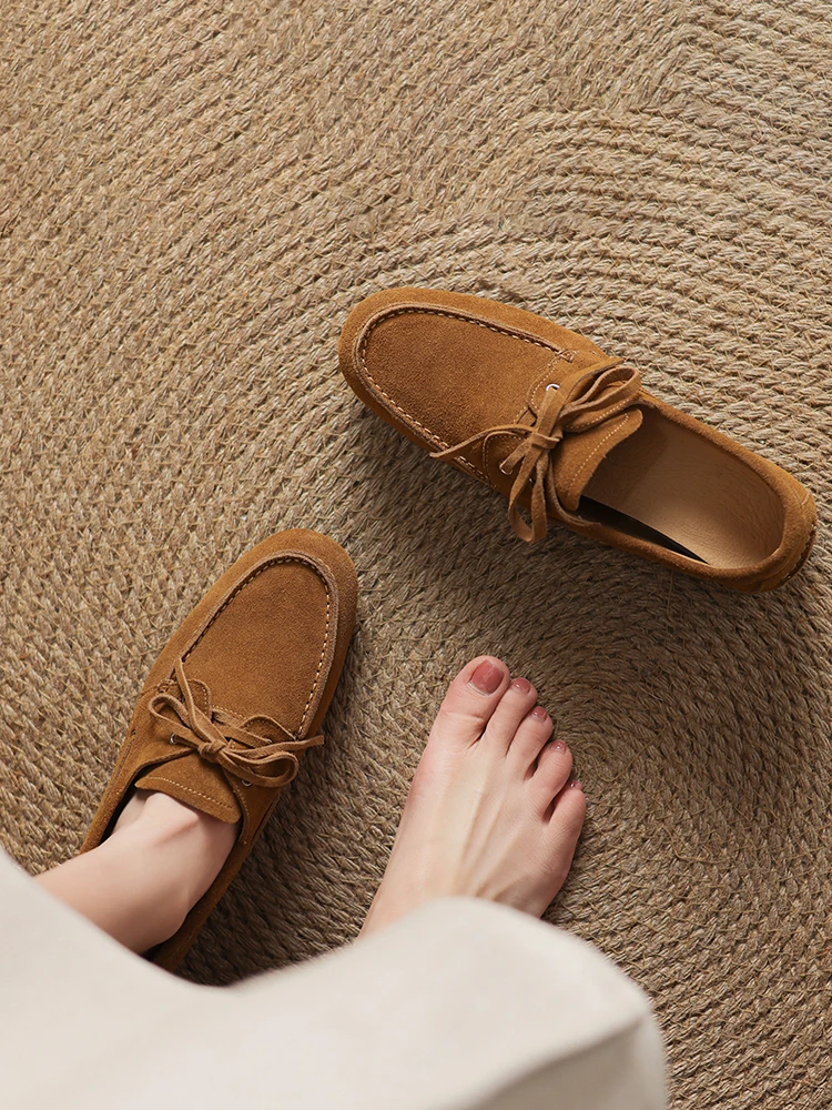 NEW 2025 Trend Women Flat Shoes Genuine Leather Spring Autumn Lady Casual Lace Up Shoes Oversizes Size Apricot Brown Women Flats