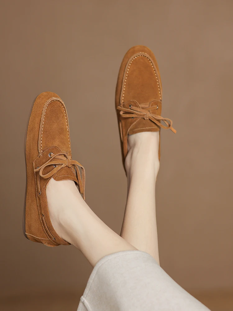 NEW 2025 Trend Women Flat Shoes Genuine Leather Spring Autumn Lady Casual Lace Up Shoes Oversizes Size Apricot Brown Women Flats
