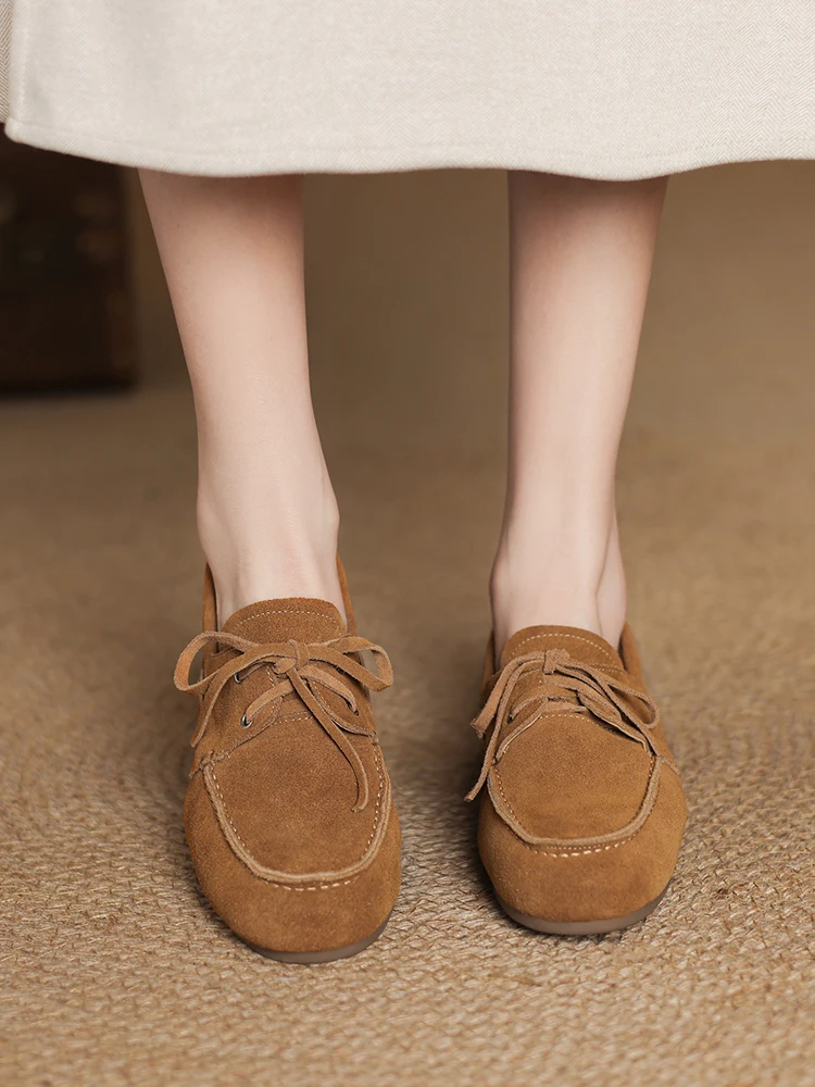 NEW 2025 Trend Women Flat Shoes Genuine Leather Spring Autumn Lady Casual Lace Up Shoes Oversizes Size Apricot Brown Women Flats
